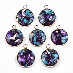Flat Round Assembled Synthetic Turquoise and Natural Regalite/Imperial Jasper Pendants, with Iron Loop and Brass Edge, Light Gold, Dyed, Blue Violet, 22x18x5~6mm, Hole: 2mm(G-N330-21B-01)