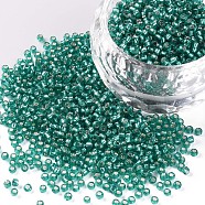 12/0 Grade A Round Glass Seed Beads, Silver Lined, Medium Sea Green, 12/0, 2x1.5mm, Hole: 0.3mm, about 30000pcs/bag(SEED-Q007-F50)