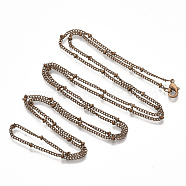 Brass Coated Iron Curb Chain Necklace Making, with Beads and Lobster Claw Clasps, Red Copper, 32 inch(81.5cm)(MAK-T006-01R)