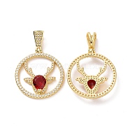 Brass Micro Pave Cubic Zirconia Pendants, Round Ring with Deer Head Charms, Golden, Red, 33.5x30x5.5mm, Hole: 3.5x8mm(ZIRC-F134-24G-01)