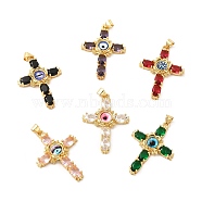 Rack Plating Brass Pendants, with Glass Cubic Zirconia, Resin Eye, Religion Cross Charm, Cadmium Free & Lead Free, Long-Lasting Plated, Mixed Color, 38x27x5mm, Hole: 5x3mm(KK-D087-10G)