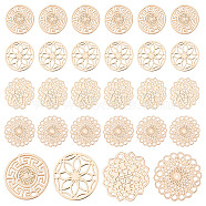 96Pcs 4 Style Brass Links Connectors, Filigree Joiners, Etched Metal Embellishments, Long-Lasting Plated, Flat Round & Flower, Light Gold, 13~13.5x0.3mm, Hole: 1.2mm, 24pcs/style(KKC-CA0001-05)