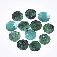 Spray Paint Natural Akoya Shell Pendants, Mother of Pearl Shell Pendants, Flat Round, Teal, 15x1~3mm, Hole: 1.5mm(X-SHEL-S274-75C-09)