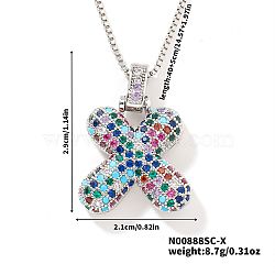 Brass Pave Colorful Cubic Zirconia Letter Pendant Box Chain Necklaces, Platinum, Letter X, 15.75 inch(40cm)(NU0575-45)