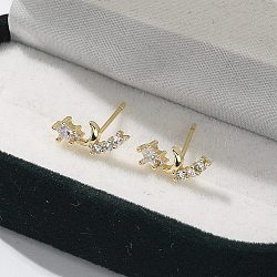 Brass Clear Cubic Zirconia Stud Earrings, Moon & Star, Real 18K Gold Plated, 12.5x6.5mm(EJEW-Q014-11G)