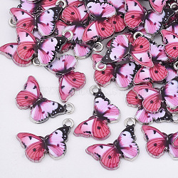 Printed Alloy Pendants, with Enamel, Butterfly, Platinum, Deep Pink, 13.5x20x2mm, Hole: 1.6mm(X-PALLOY-R111-21)