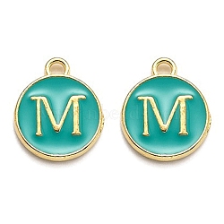 Golden Plated Alloy Enamel Charms, Enamelled Sequins, Flat Round with Alphabet, Letter.M, Green, 14x12x2mm, Hole: 1.5mm(X-ENAM-Q437-15M)