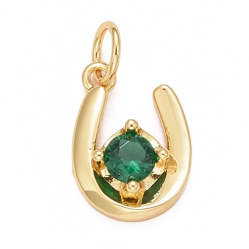 Rack Plating Brass Green Cubic Zirconia Pendants, Cadmium Free & Nickel Free & Lead Free, Long-Lasting Plated, with Jump Ring, U-Shape, Real 18K Gold Plated, 13x9x3mm, Jump Ring: 5x0.5mm, Inner Diameter: 3.5mm