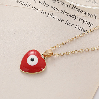 Bohemian Vintage Evil Eye Heart-shaped Alloy Enamel Pendant Lockbone Necklaces for Women, Golden, Red