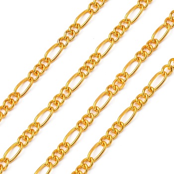 Iron Handmade Chains Figaro Chains Mother-Son Chains, Unwelded, Golden, with Spool, Mother Link:3.5x7mm, 1mm thick, Son Link:3x4mm, 0.83mm thick, about 328.08 Feet(100m)/roll