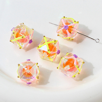 Transparent Acrylic Beads, Hand Painted Beads, Bumpy, Bead in Bead, Faceted, Cube, Letter X, 18x17mm