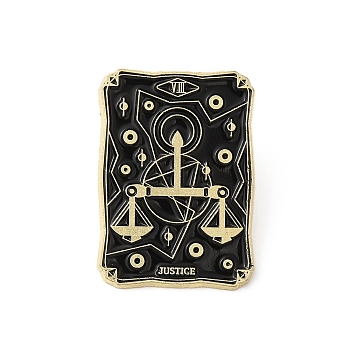 Alloy Brooch, Enamel Pins, Light Gold, Tarot Card Badges, Justice, Black, 30.5x21.5x1.5mm