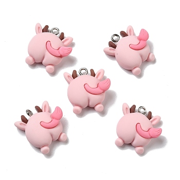 Opaque Resin Pendants, with Platinum Tone Iron Loops, Cow Butt, Pink, 21x17.5x8mm, Hole: 2mm
