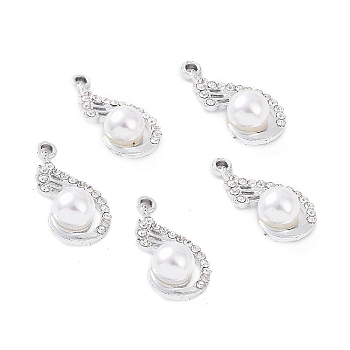 Alloy Rhinestone Pendants, with ABS Plastic Imitation Pearl Beads, Wing Charm, Platinum, 25x12.5x9mm, Hole: 2.2mm