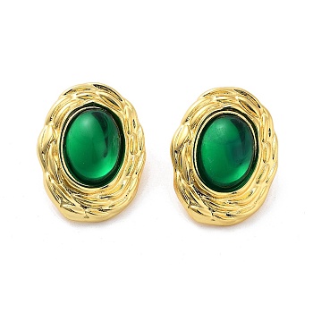 Rack Plating Oval Brass Stud Earrings, with Plastic, Lead Free & Cadmium Free, Long-Lasting Plated, Green, 28.5x22mm