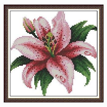 Lily Pattern DIY Cross Stitch Beginner Kits, Stamped Cross Stitch Kit, Including 11CT Printed Cotton Fabric, Embroidery Thread & Needles, Instructions, Colorful, Fabric: 260x260x1mm