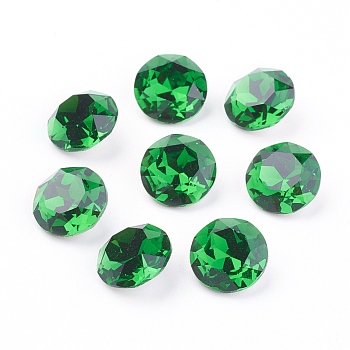 Pointed Back & Back Plated Glass Rhinestone Cabochons, Grade A, Faceted, Flat Round, Fern Green, 8x4.5mm