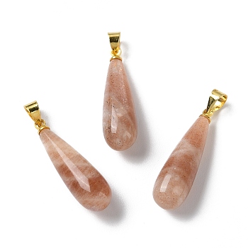 Natural SunstoneTeardrop Pendants, with Ion Plating(IP) Golden Plated Brass Findings, 26.5x7.5mm, Hole: 4.3x3.5mm