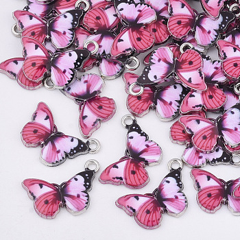 Printed Alloy Pendants, with Enamel, Butterfly, Platinum, Deep Pink, 13.5x20x2mm, Hole: 1.6mm