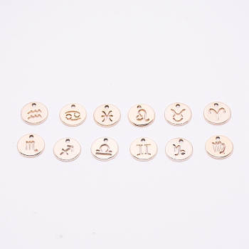 Alloy Charms, Hollow, Flat Round with Twelve Constellations, Light Gold, 12x1mm, Hole: 1.5mm, 12pcs/set