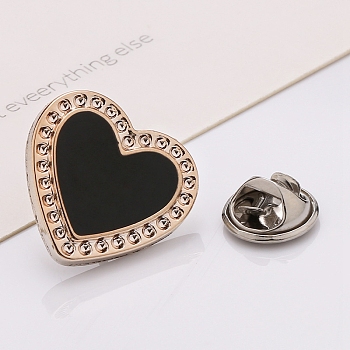 Plastic Brooch, Alloy Pin, with Enamel, for Garment Accessories, Heart, Black, 18mm