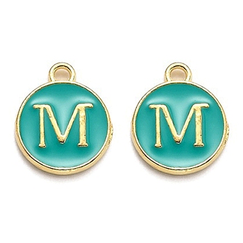 Golden Plated Alloy Enamel Charms, Enamelled Sequins, Flat Round with Alphabet, Letter.M, Green, 14x12x2mm, Hole: 1.5mm