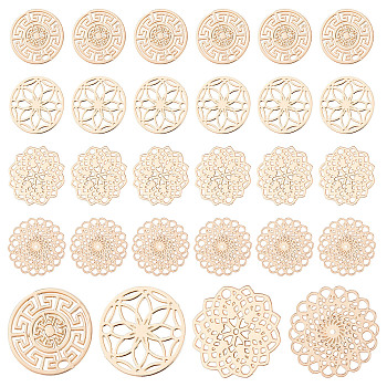 96Pcs 4 Style Brass Links Connectors, Filigree Joiners, Etched Metal Embellishments, Long-Lasting Plated, Flat Round & Flower, Light Gold, 13~13.5x0.3mm, Hole: 1.2mm, 24pcs/style