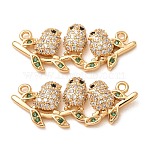 Brass Micro Pave Clear and Green Cubic Zirconia Pendants, Three Birds Charms, Rack Plating, Long-Lasting Plated, Cadmium Free & Lead Free, Real 18K Gold Plated, 11x26.5x3mm, Hole: 1.2mm(CU-K002-09G)