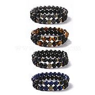 2Pcs Natural Mixed Stone and Brass Cubic Zirconia Beads Stretch Bracelets Set for Women Men, Inner Diameter: 2-1/8 inch(5.3cm)(BJEW-JB08942)