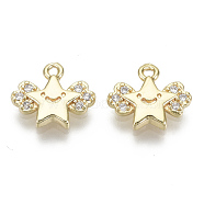 Brass Micro Pave Clear Cubic Zirconia Charms, Nickel Free, Star, Real 18K Gold Plated, 10x11x2mm, Hole: 1.2mm(KK-S348-549-NF)