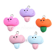 Opaque Resin Pendants, with Platinum Plated Iron Loops, Flower Charm with Smiling Face Pattern, Mixed Color, 23x20.5x8mm, Hole: 2mm(CRES-N022-183)
