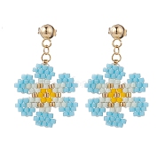 Glass Seed Braided Flower Dangle Stud Earrings, Golden 304 Stainless Steel Wire Wrap Jewelry for Women, Light Sky Blue, 30mm, Pin: 0.9mm(EJEW-MZ00015-01)
