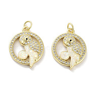 Brass Micro Pave Clear Cubic Zirconia Pendants, with Synthetic Opal and Jump Rings, Real 18K Gold Plated, Ring with Bird Charms, White, 21.5x16.5x4mm, Hole: 3mm(KK-L213-024G-01)