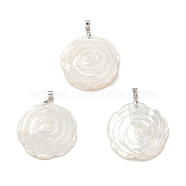 Natural White Shell Pendants, Flower Rose Charms, with Brass Snap on Bails, Cadmium Free & Lead Free, Platinum, 35x5mm, Hole: 4.5x3.5mm(BSHE-E029-03P-01)