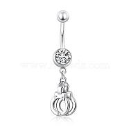 Piercing Jewelry Real Platinum Plated Brass Rhinestone Handcuffs Navel Ring Belly Rings, Crystal, 43x9mm, Bar Length: 3/8"(10mm), Bar: 14 Gauge(1.6mm)(AJEW-EE0001-36)