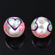 ABS Plastic Imitation Pearl Beads, with Enamel, Round with Heart & Word Wow, Indigo, 12x11mm, Hole: 2mm(KY-N015-108)