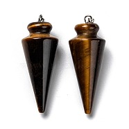 Natural Tiger Eye Pendants, with Platinum Brass Findings, Cone, 40~44x15~16mm, Hole: 3x7mm(G-K311-47C)