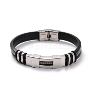 Men's Silicone Cord Bracelet, Titanium Steel Curved Tube Beads Friendship Bracelet, Black, Stainless Steel Color, 8-7/8 inch(22.5cm)(BJEW-M206-02BP)