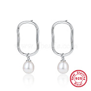 Rhodium Plated 925 Sterling Silver Oval Dangle Stud Earrings, Natural Pearl Drop Earrings, Platinum, 45x22mm(KR9373-1)
