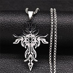 304 Stainless Steel Pendant Necklaces for Women Men, Demon with Cross, Stainless Steel Color, 19.53 inch(49.6cm)(NJEW-G123-13P)