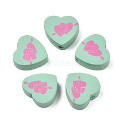 Spray Painted Maple Wood Beads, Printed, Heart, Green, 16.5x17.5x6mm, Hole: 1.8mm, about 575pcs/500g(WOOD-Q030-88F)