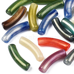 Opaque Acrylic Beads, Two Tone Color, with Glitter Powder, Curved Tube, Mixed Color, 32x10x8mm, Hole: 1.8mm, about 345pcs/500g(MACR-N009-020)