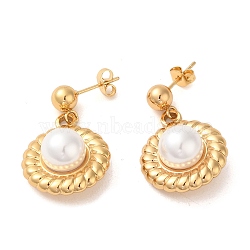 Flat Round 304 Stainless Steel Stud Earrings, Plastic Imitation Pearl Dangle Earrings for Women, Golden, 31.5x20mm(EJEW-U003-30G)