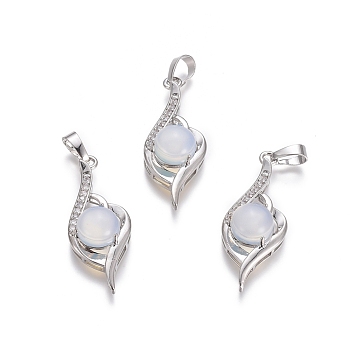 Opalite Pendants, with Platinum Tone Brass Findings and Crystal Rhinestone, Flower, 37.3x15x9.8mm, Hole: 7x4.5mm