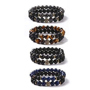 2Pcs Natural Mixed Stone and Brass Cubic Zirconia Beads Stretch Bracelets Set for Women Men, Inner Diameter: 2-1/8 inch(5.3cm)