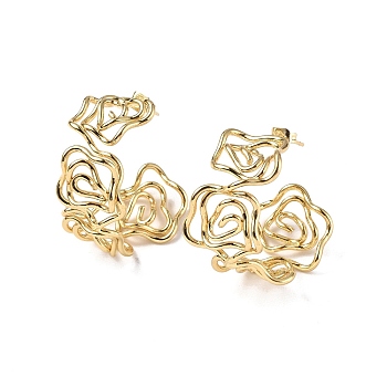 Brass Wire Wrapped Flower Stud Earrings for Women, Real 18K Gold Plated, 31x31x19mm, Pin: 0.8mm
