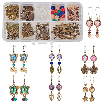SUNNYCLUE DIY Earring Making, with Tibetan Silver Pendants, Alloy Cabochon Connector Settings, Transparent Glass Cabochons, Glass Beads and Iron Head Pins, Antique Bronze, 13.5x7x3cm