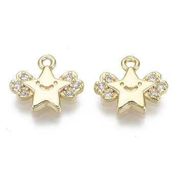 Brass Micro Pave Clear Cubic Zirconia Charms, Nickel Free, Star, Real 18K Gold Plated, 10x11x2mm, Hole: 1.2mm