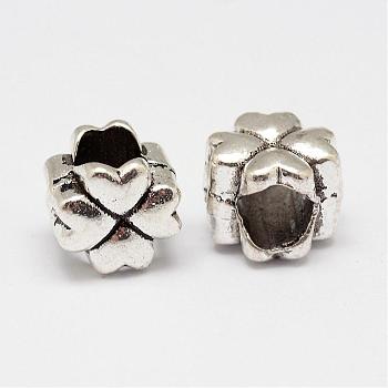 Clover Alloy European Beads, Large Hole Beads, Antique Silver, 10x8x8mm, Hole: 5mm