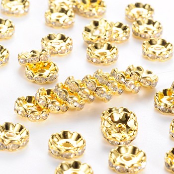 Brass Middle East Rhinestone Spacer Beads, Golden, Nickel Free, about 10mm in diameter, 4mm thick, hole: 2mm